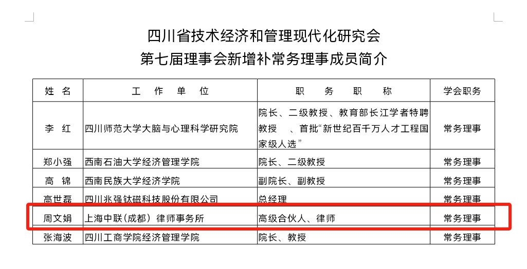 四川省技术经济和管理现代化研究会第七届理事会常务理事证书