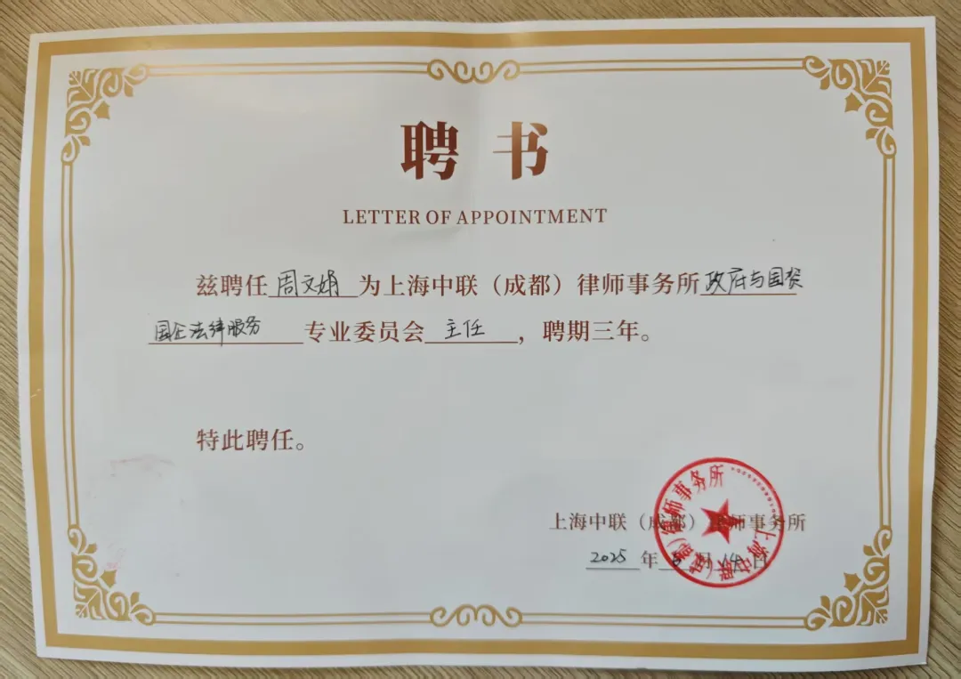 政府与国资国企法律服务专业委员会主任聘书